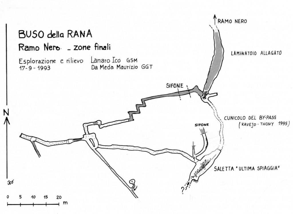 Le zone finali del Ramo Nero. Il "cunicolo del by-pass" in realtà s'innesta nel rametto del sifone e non in "Ultima Spiaggia". Il "?" verrà sciolto nel 2012 con la giunzione alla Pisatela.