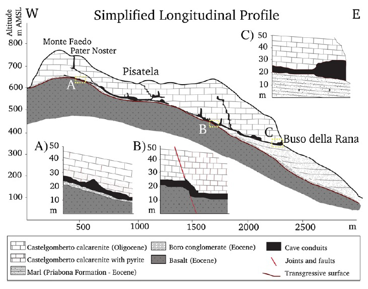 Profilo schematico del sistema carsico Buso della Rana-Pisatela (di Tisato, Sauro, Bernasconi, Bruijn, De Waele)